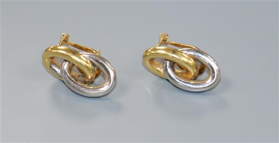 A modern pair of 18ct two colour gold double loop earrings, 20mm.